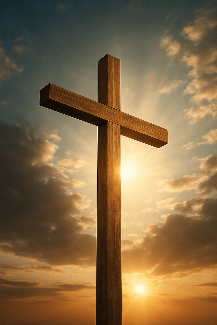 The Cross of Jesus Drevený kríž stojí vysoko proti dramatickej oblohe so zapadajúcim slnkom, symbolizujúc nádej, víťazstvo a svetlo evanjelia.<br />
A wooden cross stands tall against a dramatic sky with a setting sun, symbolizing hope, victory, and the light of the Gospel